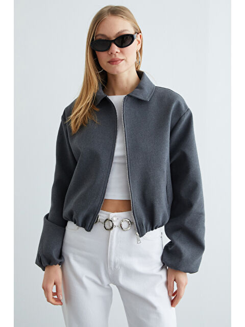 Fullamoda Fermuarlı Polo Yaka Crop Bomber Ceket - S000501526-29666
