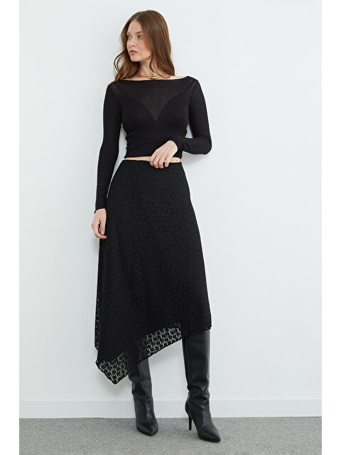 Fullamoda Dantelli Beli Fermuarlı Asimetrik Kesim Etek - S000532028-19351