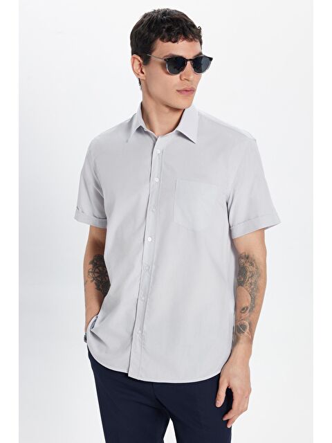 TUDORS Erkek Regular Fit Klasik Kesim Düz Kravatlık Kolay Ütü Gri Gömlek