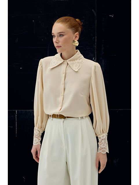 SATEEN Dantel Manşetli Gömlek - Bej - S000511554-19928