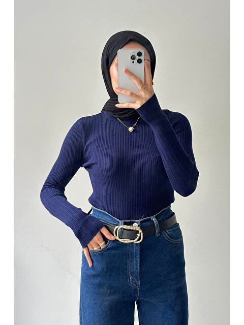 Lamelif Bisiklet Yaka Fittilli Triko Body Lacivert - S000529857-21164