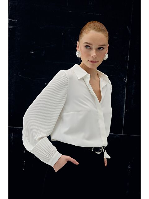 SATEEN Plise Kollu Gömlek - Ekru - S000516482-19965
