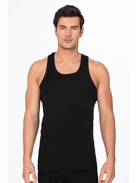 Kompedan Erkek Pamuklu Ribana Sırtı Çapraz Sporcu Atlet | Siyah K0058 - S000473202-19351