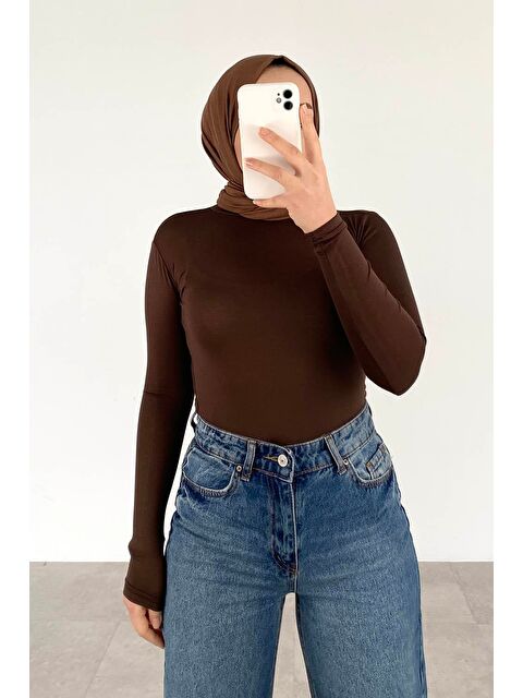 Lamelif Yarım Balıkçı Yaka Düz Renk Body Çikolata Kahve - S000529849-20637