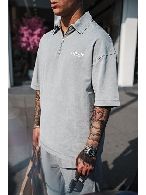 Abluka Online Erkek Polo Yaka Yıkamalı Oversize T-Shirt Gri - S000506314-20600