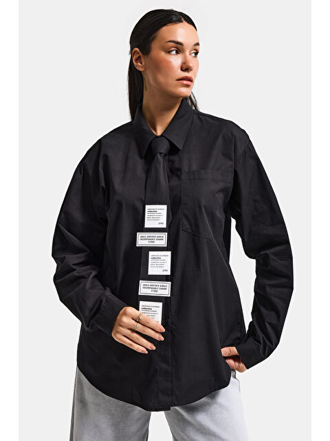 It's Basic Kadın Siyah Renk Oversize Kravatlı Özel Tasarım Bol Kesim Gömlek - S000505868-19351