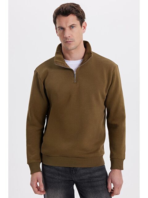 TUDORS Unisex Relax Fit Rahat Kesim Pamuklu İçi Polarlı Yarım Fermuarlı Yeşil Dik Yaka Sweatshirt - S000487044-18194