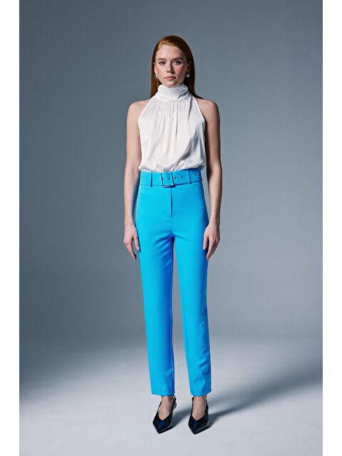 SATEEN Yüksek Bel Kemerli Pantolon - Bebe Mavi - S000323736-3642
