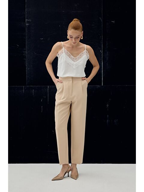 SATEEN Yüksek Bel Klasik Pantolon - Bej