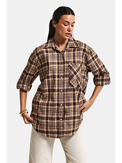It's Basic Kadın Kahve Ekose s6-10 Oversize Bol Kesim Pamuk Gömlek - S000505869-19413
