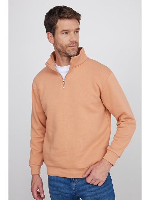 TUDORS Unisex Relax Fit Rahat Kesim Pamuklu İçi Polarlı Yarım Fermuarlı Yavruağzı Dik Yaka Sweatshirt - S000487045-17605