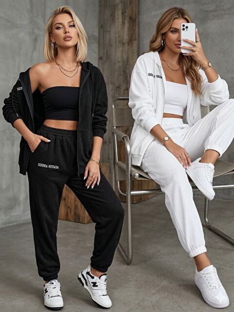 Trendseninle 2Li Set Siyah+Beyaz Sierra Nevada Baskılı Hırka Jogger Oversize Eşofman Takımı - S000481799-37424
