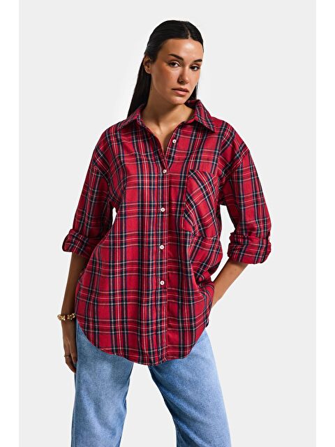 It's Basic Kadın Kırmızı Ekose s6-11 Oversize Bol Kesim Pamuk Gömlek - S000505870-20045