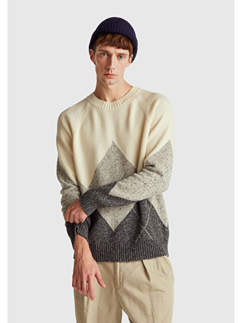 United Colors Of Benetton Erkek Krem Yün Karışımlı Baklava Desenli Ribana Detaylı Kazak - S000513993-19966