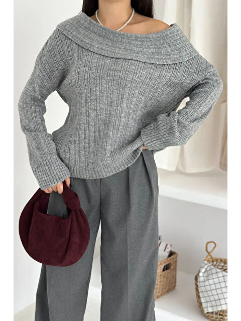 carla10 Kadın Madonna Yaka Triko Gri - S000492453-20600