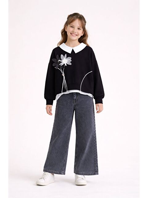Cansın Mini Siyah Çiçek Detaylı Badili Gömlekli Kız Çocuk 3lü Alt Üst Takım 23529 - S000502532-19351