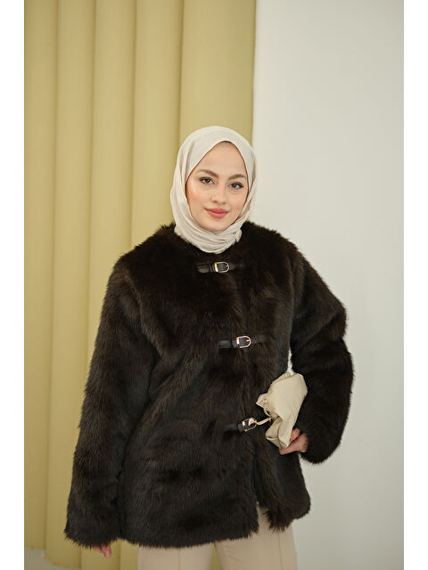 Locco Moda Kadın Deri Kemer Tüylü Uzun Kaban Kahverengi - S000492454-19413