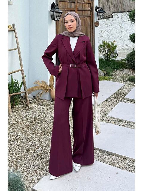 Lamelif Pensli Ceket-Pantolon İkili Takım Bordo - S000515381-19951