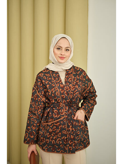 Locco Moda Kadın Yaprak Desen Şal Yaka Biyeli Ceket Kahverengi - S000492456-19413