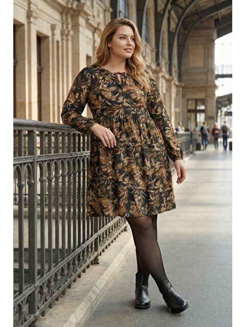 Stil Diva Büyük Beden Yakası İp Detaylı Beli Lastikli Midi Elbise Kahve 303387 - S000501529-19413