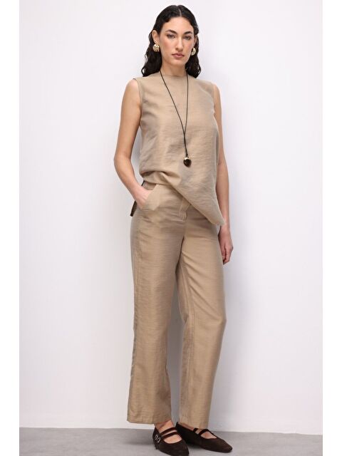 Mizalle Geniş Paça Bej Rengi Basic pantolon - S000530640-19928