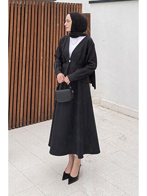 Lamelif Düğme Detaylı Etek-Ceket Tesettür Takım Siyah - S000515382-19351