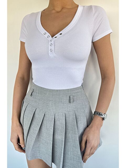 Gülseli Kadın V Yaka Ön Çıtçıtlı Elastanlı Bluz