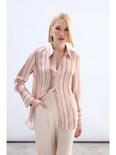 SATEEN Renkli Çizgili Gömlek - Pudra - S000497806-7152