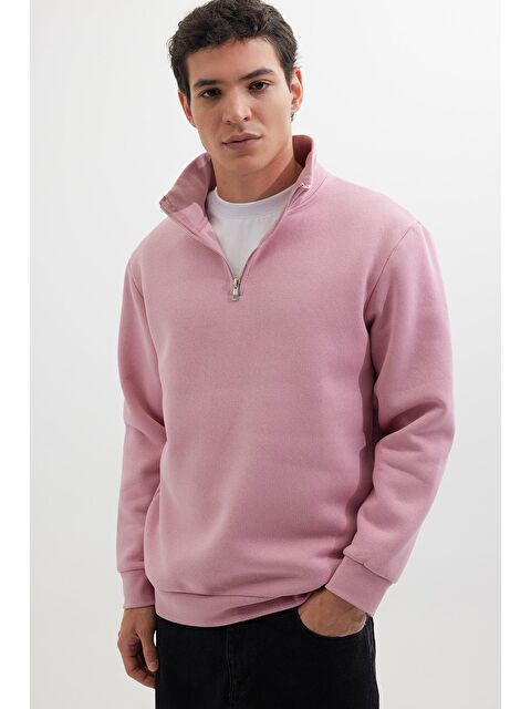TUDORS Unisex Relax Fit Rahat Kesim Pamuklu İçi Polarlı Yarım Fermuarlı Lila Dik Yaka Sweatshirt - S000487051-17878