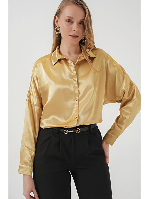 Bigdart 3985 Oversize Saten Gömlek - Altın Sarısı - S000089878-11