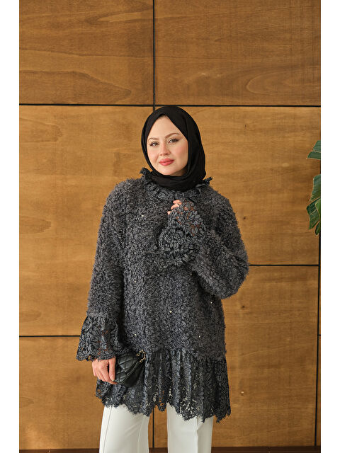 Locco Moda Kadın Dantel Detay Pelüş Tunik Antrasit - S000495231-29666