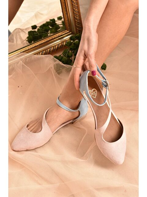 Fox Shoes Pudra/Mavi Süet Kadın Babet D726016902 - S000031869-37405