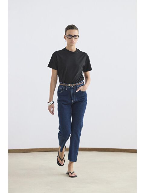 Kadriye Baştürk Yüksek Bel Kısa Kesim Çan Paça Jean Pantolon Koyu Mavi - S000510815-19393