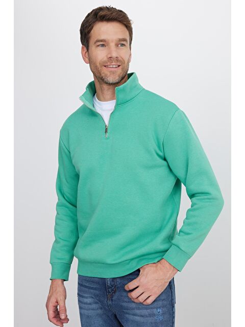 TUDORS Unisex Relax Fit Rahat Kesim Pamuklu İçi Polarlı Yarım Fermuarlı Yeşil Dik Yaka Sweatshirt - S000487055-18194