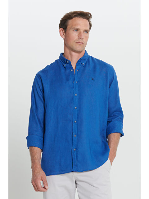 Altınyıldız Classics Erkek İndigo Comfort Fit Rahat Kesim %100 Keten Düğmeli Yaka Gömlek - S000402883-23093