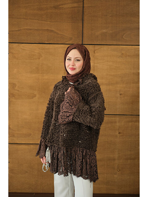Locco Moda Kadın Dantel Detay Pelüş Tunik Kahverengi - S000495231-19413