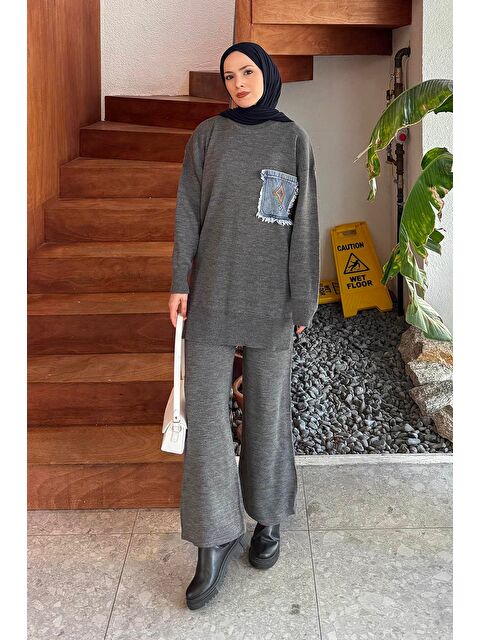 Lamelif Cep Detaylı Triko Takım Füme - S000515349-33408