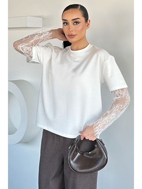 Gülseli Kadın Bisiklet Yaka Kollar Dantelli Bluz