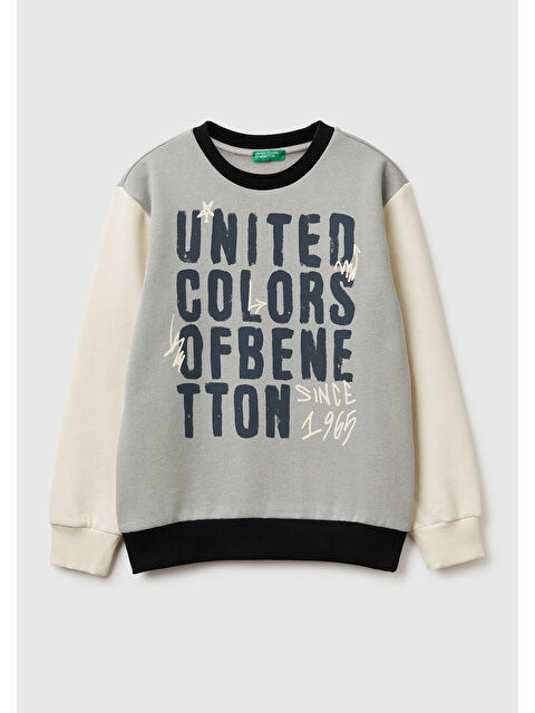 United Colors Of Benetton Erkek Çocuk Gri-Krem Önü Logo Baskılı Nervürlü Şardonlu Sweatshirt - S000482117-37275