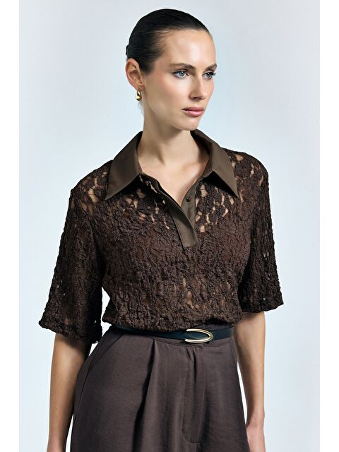 SATEEN Dantel Bluz - Kahve