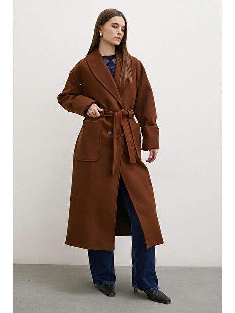 Never More Kuşaklı Şal Yaka Kaban Kahve - S000320119-23173