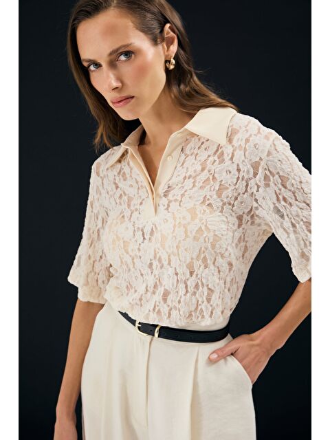 SATEEN Dantel Bluz - Bej