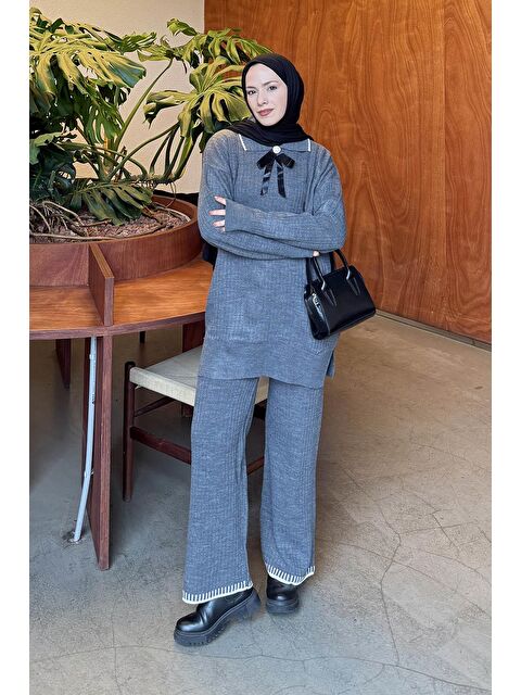 Lamelif Kurdela Detaylı Triko Takım Gri - S000515370-20600