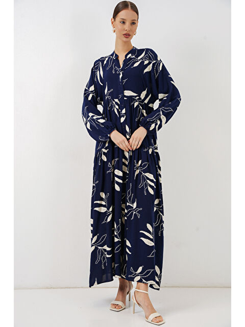 Bigdart Kadın Desenli Uzun Tesettür Elbise 2585 - D.Lacivert - S000407394-37355