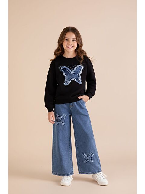 Cansın Mini Siyah Kelebek Nakışlı Badili Jean Pantolonlu Kız Çocuk 2li Takım 23412