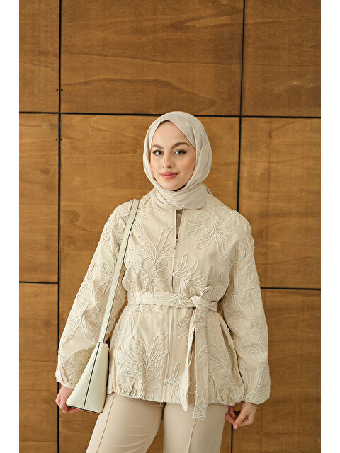 Locco Moda Kadın Gabardin Nakışlı Bomber Ceket Ekru - S000495238-19965