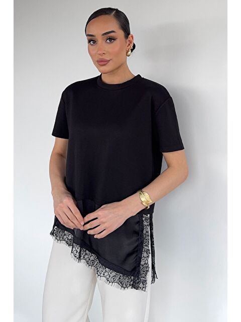 Gülseli Kadın Bisiklet Yaka Saten Ve Güpür Garnili Bluz