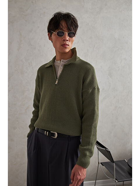 HYMAN Erkek Yakası Fermuarlı Oversize Kazak - S000515378-18547