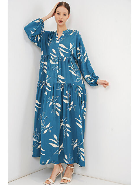 Bigdart Kadın Desenli Uzun Tesettür Elbise 2585 - Petrol - S000407394-20019