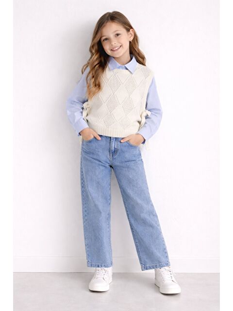 Cansın Mini Mavi Düğmeli Gömlekli Jean Pantolonlu Kız Çocuk Triko Süveterli 3lü Takım 23534 - S000502535-17234